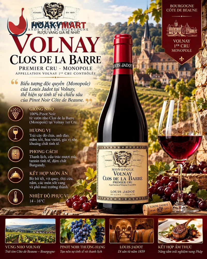 VANG PHÁP LOUIS JADOT CLOS DE LA BARRE MONOPOLE VOLNAY 1ER CRU